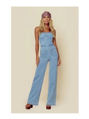 Stoned Immaculate Light Wash Denim Halter Overalls - Wide Leg